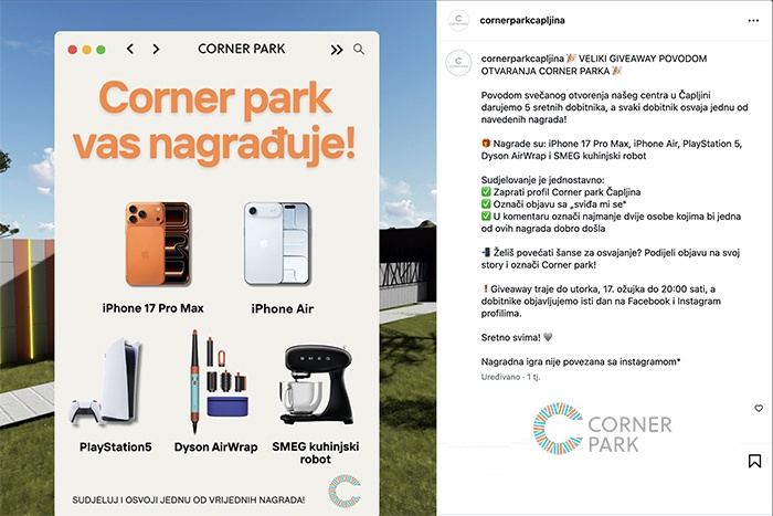 Corner Park dijeli poklone vrijedne preko 10.000 KM: iPhone 17 Pro Max, PlayStation, iPhone Air…